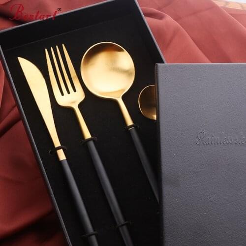 Cutlery with gift box 304 stainless steel western black dinner knife forks sets western dinnerware set for party