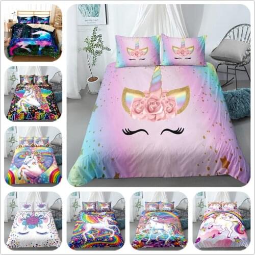 Featured smile unicorn pink princess duvet cover set king queen full twin size bed linen set