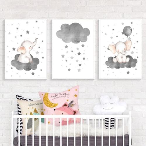 Cartoon Elephant Balloon Cloud Poster Animal Nursery Art Print Wall Picture Canvas Painting Nordic Kid Baby Bedroom Decoration