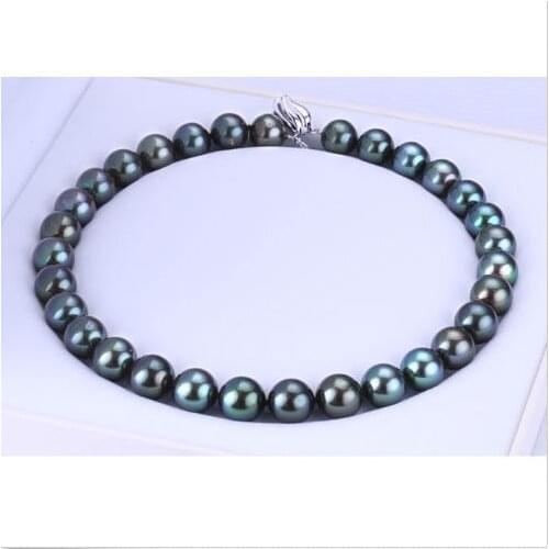 Free shipping stunning round 10-11mm black green pearl necklace 18inch 925s