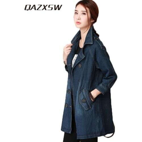 QAZXSW 2018 Spring Autumn Women Blue Denim Jacket Vintage Jeans Coat Double Breasted Women Basic Jacket Casaco Feminino HB548