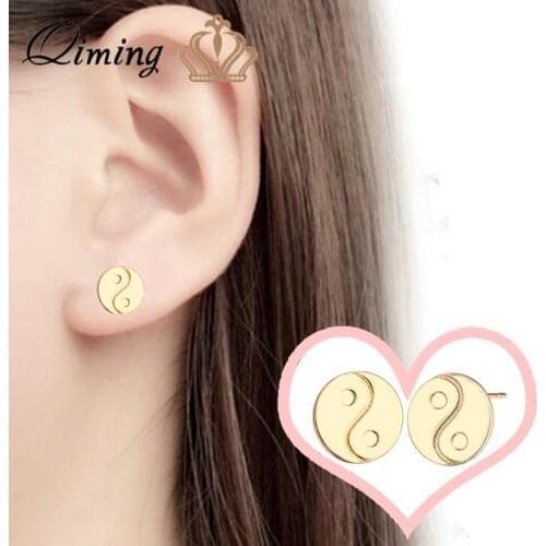 QIMING Vintage Yin Yang fashion Earrings For Women Tai Chi Tai Ji Style Round Charm Amulet Ladies Men Stud Earrings Bijoux