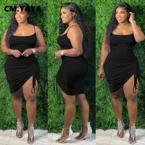 CM.YAYA Women Drawstring Ruched Bodycon Women Midi Dress Sexy Night Party Clubwear Spaghetti Strap Sleeveless Pencil Dresses