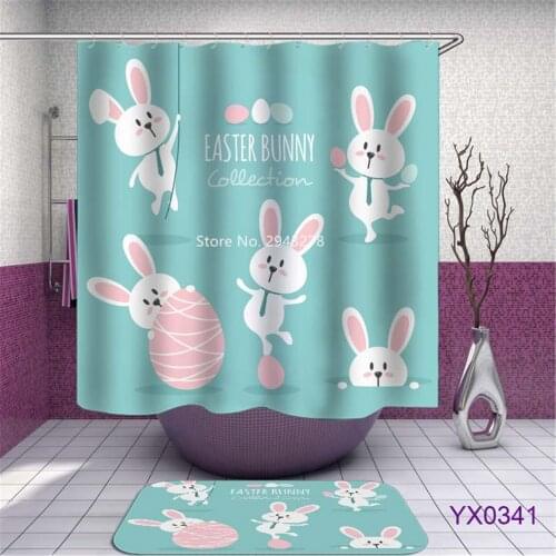 Easter Bunny Design Waterproof and Mildewproof with Hook Washable Cartoon Shower Curtain Home Holiday Bathroom Decoration