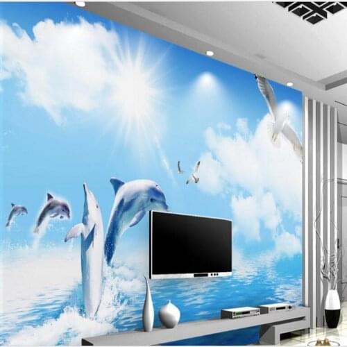 Wellyu Custom large fresco dolphins out of the water lovers symbol of love TV backdrop wallpape papel de parede para quarto