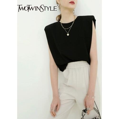 TWOTWINSTYLE Multicolor With Shoulder Pads T Shirts For Female O Neck Sleeveless High Waist Loose Pure Color Womens T Shirt