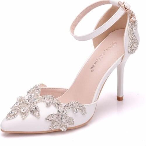 Women sandals wedding Party banquet PU Rhinestones Buckle Strap 9.5CM Thin High Heels Pointed Toe sandal women shoes size 35-42