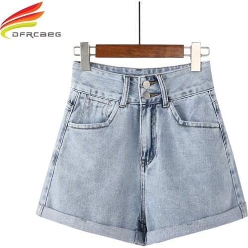 High Waist Denim Shorts For Women Summer 2021 Double Buttons Crimping Wide Leg Loose Short Jeans Korean Style Casual Blue Shorts