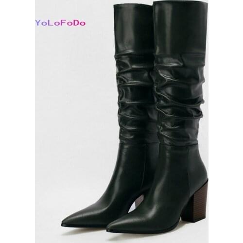 Black Green Brown Beige Women Knee High Boots Faux Leather Women Square High Heel Boots High Quality Pointed Toe Slip on Boots