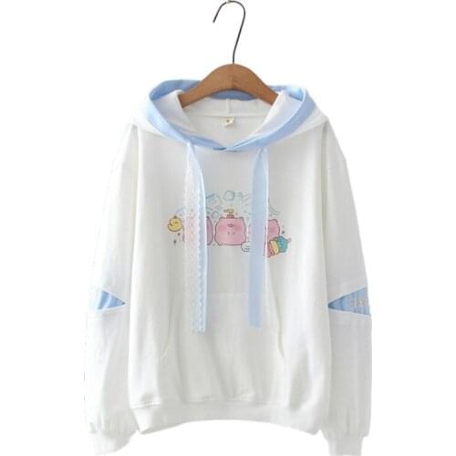 Women Cartoon Print Patchwork Hoodies Female 2020 Autumn Long Sleeve Cotton Drawstring Tracksuits Hooded Sweatshirts Women Tops