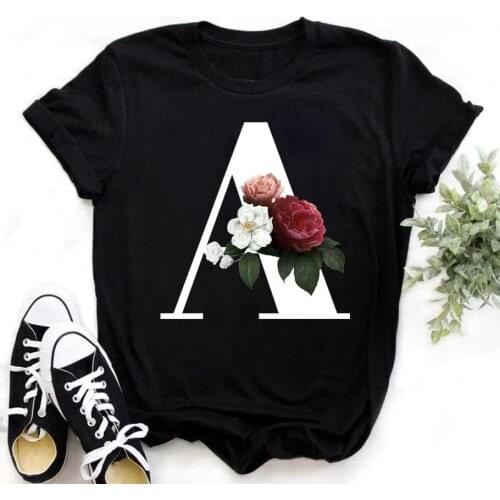 Women Tops O-neck Black Tees Shirt Flower Letter Font A B C D E F G Tops Summer Female T Shirt Women Graphic T Shirt Tops
