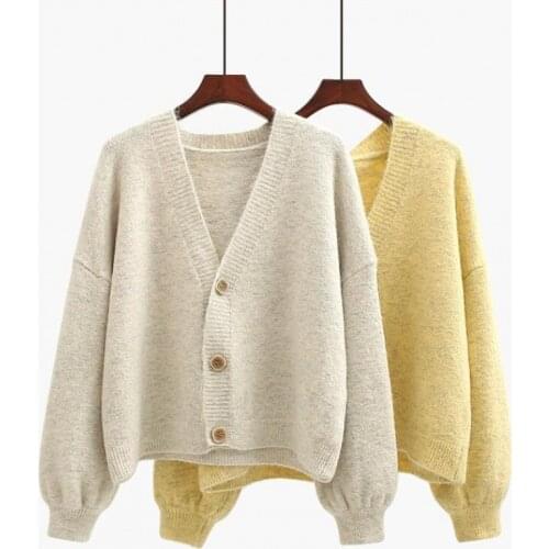 Women V Neck Sweater Cardigan 2020 Autumn Winter Lantern Long Sleeve Loose Solid Color Knitted Coat Female Tops Ropa De Mujer