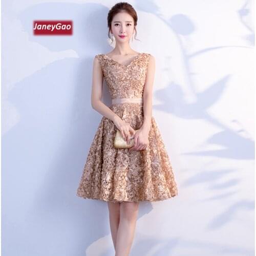JaneyGao Short Prom Dresses robe de soiree Golden-Champage Women Evening Party Dresses 2019 New Stylish Elegant Formal Gown