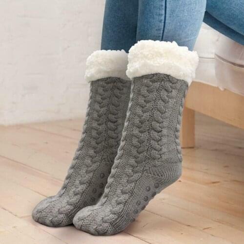 Winter Women Thick Cozy Fuzzy Fleece-lined Thermal Non-Skid Slipper Socks Wool Cashmere Socks