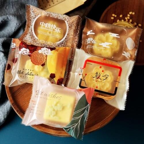 100 Pcs Autumn Eve Flower Bird Pattern Moon Cake Bags Plastic Cookie Candy Bag Mid-Autumn Festival Mooncake Packaging Bag