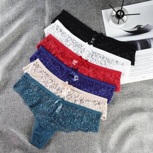3 Pcs Lot Underwear Women Full Lace Solid Color Sexy Lingerie Feminina G String Thongs Low Waist Panties with Bow Plus Size