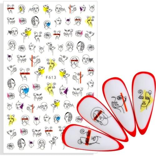 Abstract Lady Face Nail Decals Black Flower Leaf Water Transfer / Adhesive Sliders Paper Nail Art Decor Sticker Manicures Foils