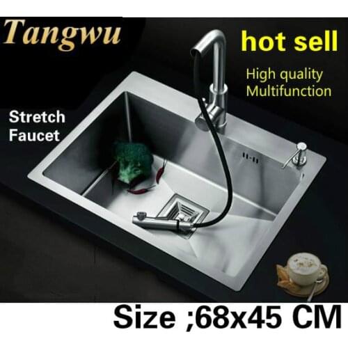 Free shipping Hot sell standard kitchen manual sink single trough durable stretch faucet 304 stainless steel 680x450 MM