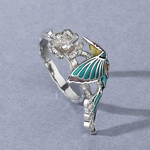 CIZEVA Hight Quality 925 Silver Blue Hummingbird Ring Ladies Wedding Bridal Expoy Ring Elegant Fashion Vintage Animal Jewelry