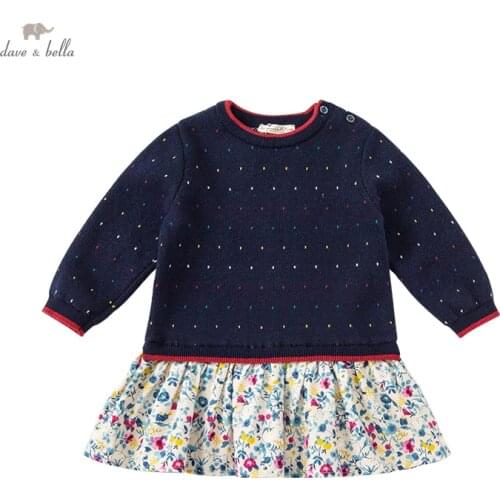 DBJ18858 dave bella autumn baby girls cute floral dots sweater dress children fashion party dress kids infant lolita clothes