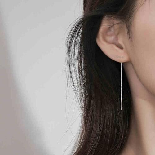 Thin Strip Simple 925 Sterling Silver Dangling Long Hanging Earrings For Women Girls Threader Jewelry Accessories