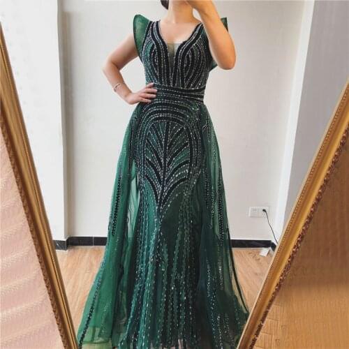 Dubai Navy Blue Deep-V Neck Sexy Evening Dresses Sleeveless Crystal Luxury Mermaid Evening Gowns Design Cheap Dresses