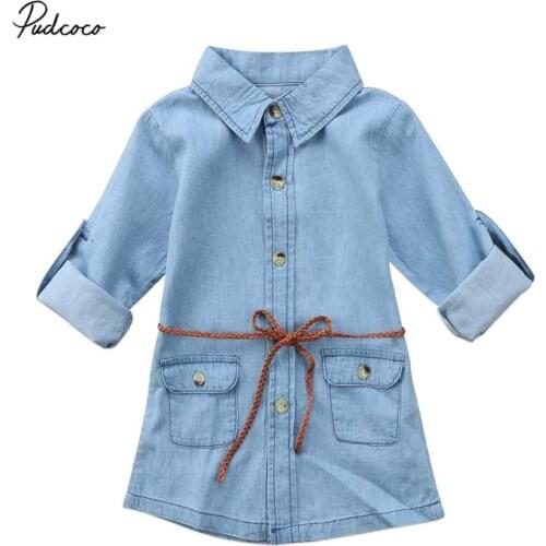 2018 Fashion Girl Denim Dress Baby Kid Girl Button Sashes Botton Pocket Short Mini Dress Long Sleeve Casual Party Shirt Dress