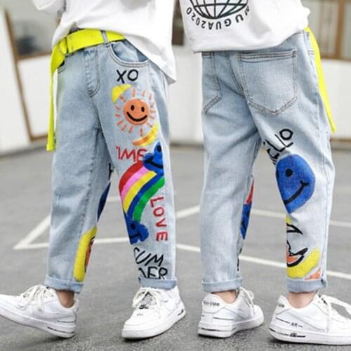 Hot Deals Jeans For Teenage Girls Kids 8 12Yrs High Quality Graffiti Painting Print Casual Pants With A Rainbow Cartoon Trousers