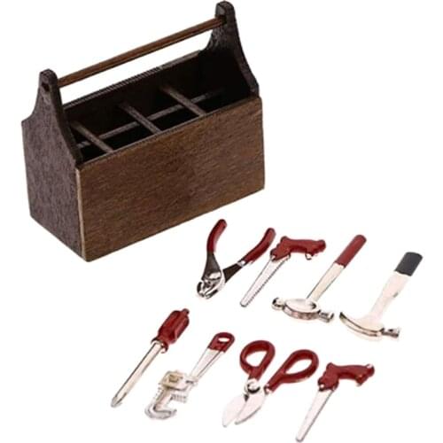 Miniature Wooden Box With Metal Tool Set Collection For 1/12 Dollhouse Decoration