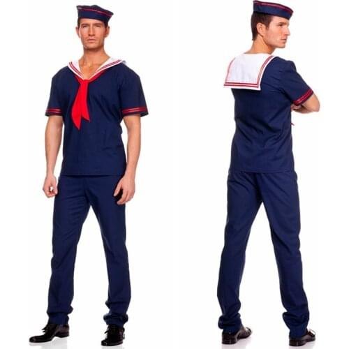 Mens Navy Sailor Cosplay Costume Halloween Carnival Uniforms Blue Worker Role Play Costumes tops pants hat Festival Suit