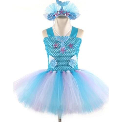 2021 New Girls Mermaid Tutu Dress Mermaid Costumes With Headband Suit For Kids Birthday Theme Party Dress Blue 2-12 Years
