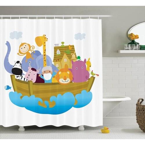 Religious Shower Curtain Religious Story The Ark with Animals in The Boat Journey Faith Theme Cartoon Bath Curtain For Bathroom