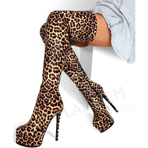 SEIIHEM Women Platform Over Knee Boots Stiletto High Heels Leopard Thigh Boots Ladies Shoes Woman Dicke Stiefel Bottes de cuisse