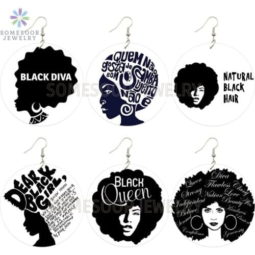 SOMESOOR Dear Black Girl Queen Diva Africa Natural Hair Wood Drop Earrings Afro Ethnic Print Wood Dangle Jewelry For Women Gifts