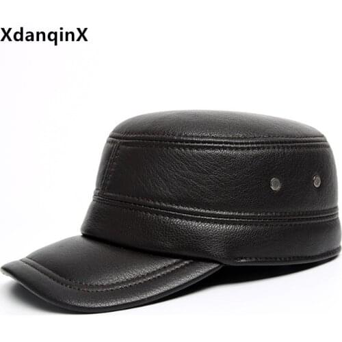 XdanqinX Winter Warm Mens Flat Cap Natural Genuine Leather Cap Army Military Hats For Men Adjustable Size Sheepskin Leather Hat