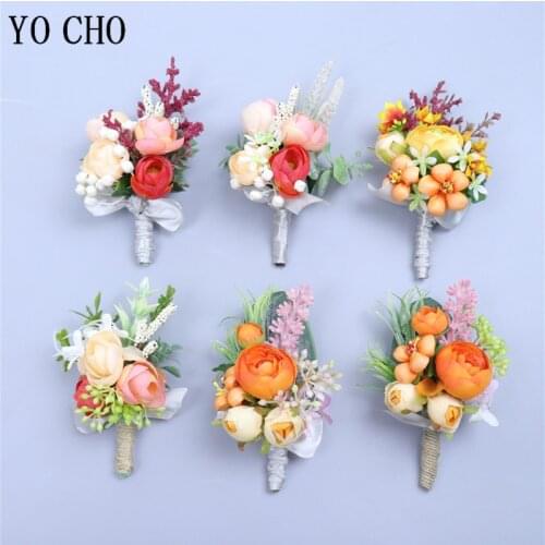 YO CHO Wedding Bride Wrist Corsage Girl Bracelet Groom Boutonniere Cuff Pins Bridesmaid Corsage Wedding Witness Silk Rose Flower