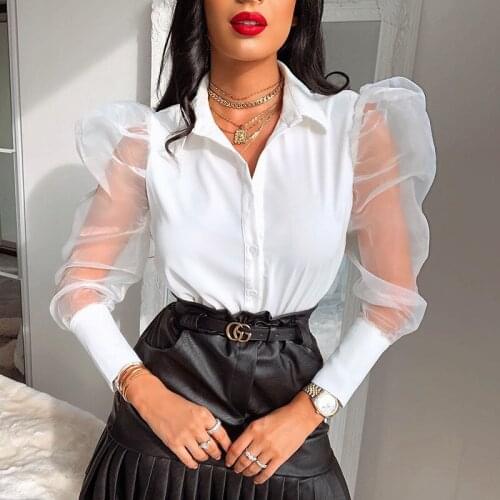 Women Sexy White Blouse Patchwork Vintage Puff Long Sleeve OL Style Elegant Ladies Shirt Turn Down Collar Transparent Top