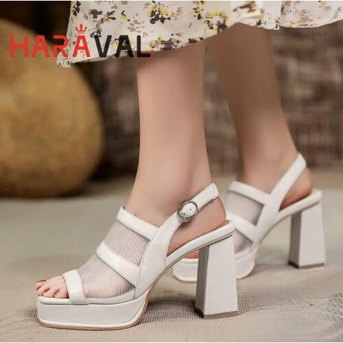 HARAVAL Women Sandals Shoes Thick Heels Genuine Leather Casual Elegant Black White Classics Waterproof Platform Shoes B261