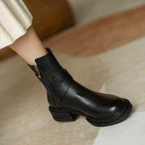 MORDOAN Genuine Leather 2021 Autumn Womens Boots Round Toe Thick heel Ankle Boots For Women