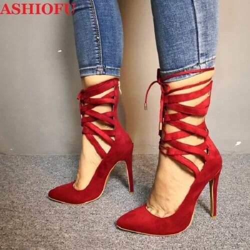 ASHIOFU Real Photos Ladies Stiletto Pumps Cross-straps Party Prom Dress Shoes Pointy Sexy Evening Club Fashion Court Shoes