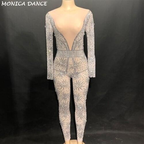 Women Sparkly Crystals Jumpsuit Sexy Perspective Net Yarn Bodysuit Costume Dance Stage Wear Female Singer Big Stretch Outfit
