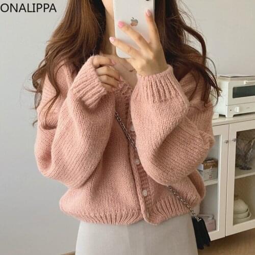 ONALIPPA Japanese Sweet V-Neck Cardigan 2021 Autumn Female Simple Loose Casual Candy Color Single-Breasted Knitted Sweater