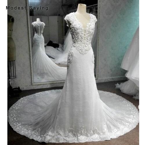 High Quality Ivory Mermaid Beaded Lace Wedding Dresses 2018 with Pearls Women Sexy Sheer Back Bridal Gowns vestidos de noiva