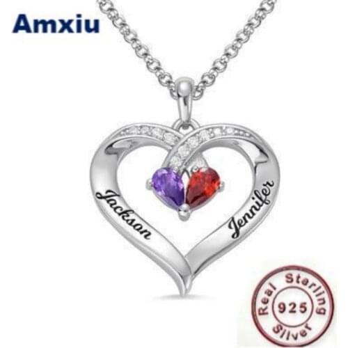Amxiu Personalized 925 Silver Necklace Custom Name And Birthmonth Necklace Heart Pendant Necklace For Women Jewelry Party Gift