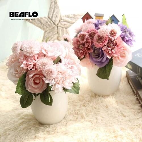 1 Bunch Rose Dahlia Artificial Flowers Fake Plastic Silk Flower Bridal Bouquet for Wedding Home Decoration 4 Color B1003