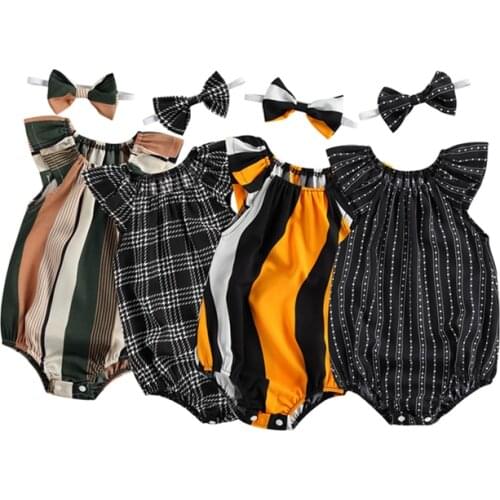 2021 Baby Girls Bodysuits Outfit Sweet Style Infant Creative Geometric Printing Off Shoulder Fly Sleeve Bodysuit+ Bow Headwear