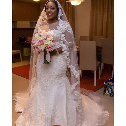 African Nigeria Sheer Neck Plus Size Wedding Dresses Applique Mermaid Bridal Party Gown 3/4 Long Sleeve Wedding Gowns