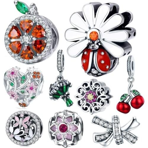 Fit Europe Bracelet Silver 925 Original CZ Pink Clover Blossom Elf Butterfly Beetle Beads S925 Orange Bow Charms DIY Jewelry