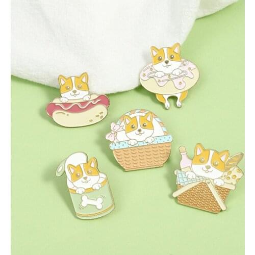 My Puppy Enamel Pins Picnic Basket Hot Dog Donuts Can Brooches Cartoon Pup Bag Lapel Pin Shirt Badge Jewelry Gift for Kid Friend