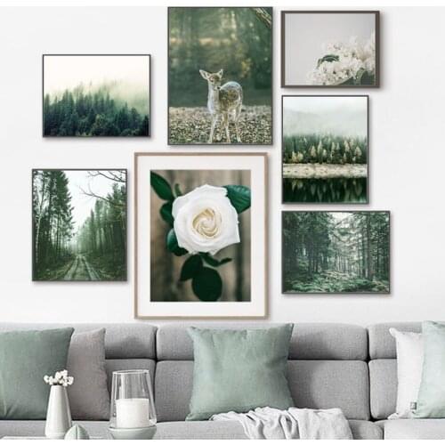 Green Forest River Lake Flower Deer Wall Art Canvas Painting Nordic Posters And Prints Wall Pictures For Living Room Home Decor
